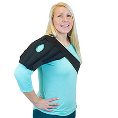 Polar Products microwavable wrap applied on the shoulder for targeted warm moist heat therapy