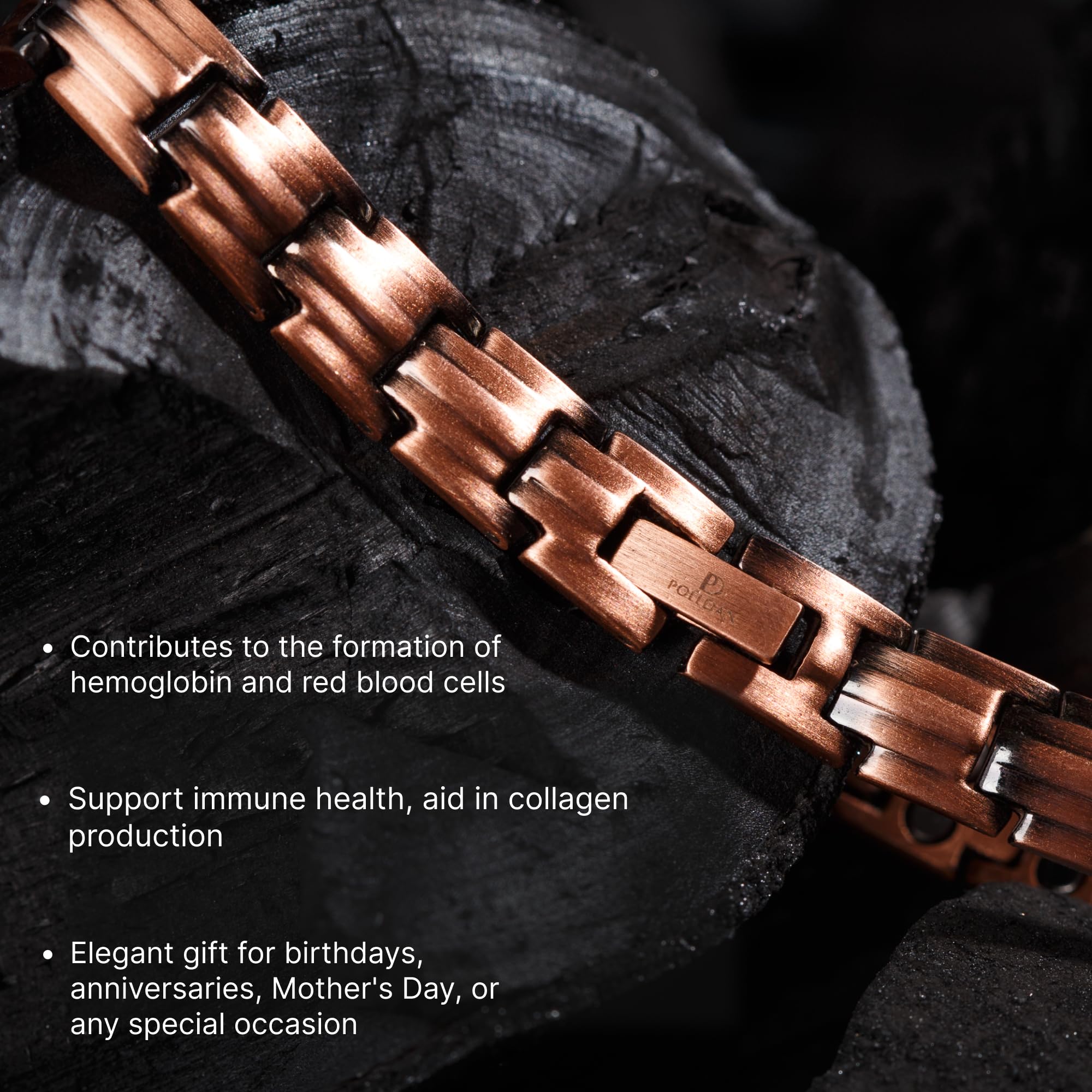 Polldan copper bracelet showing 3x-strength magnets versatility