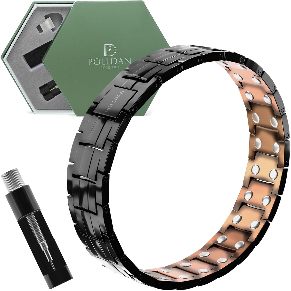 POLLDAN copper bracelet close-up highlighting 6200 gauss magnets