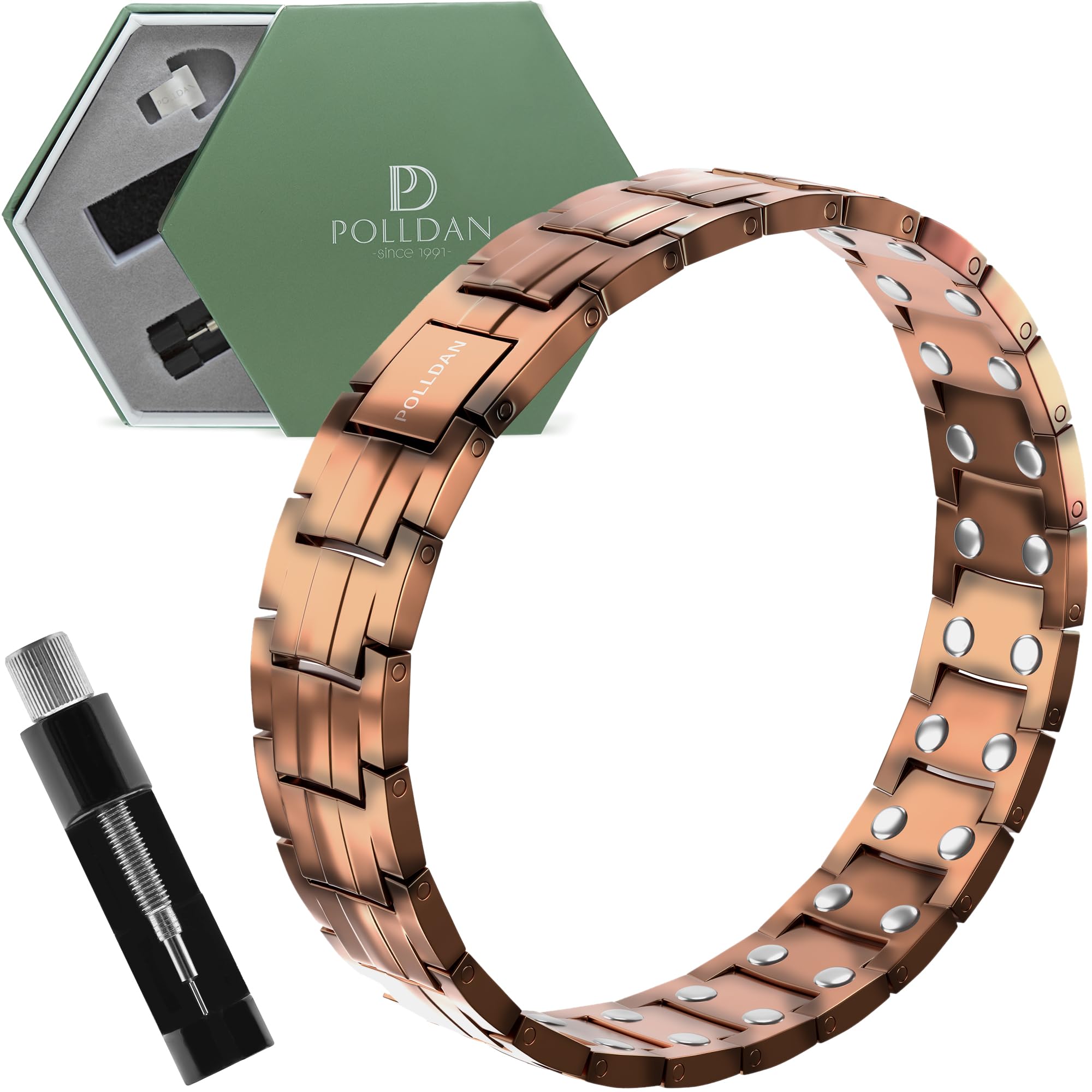 POLLDAN copper bracelet close-up highlighting magnets and refined finish for daily wear