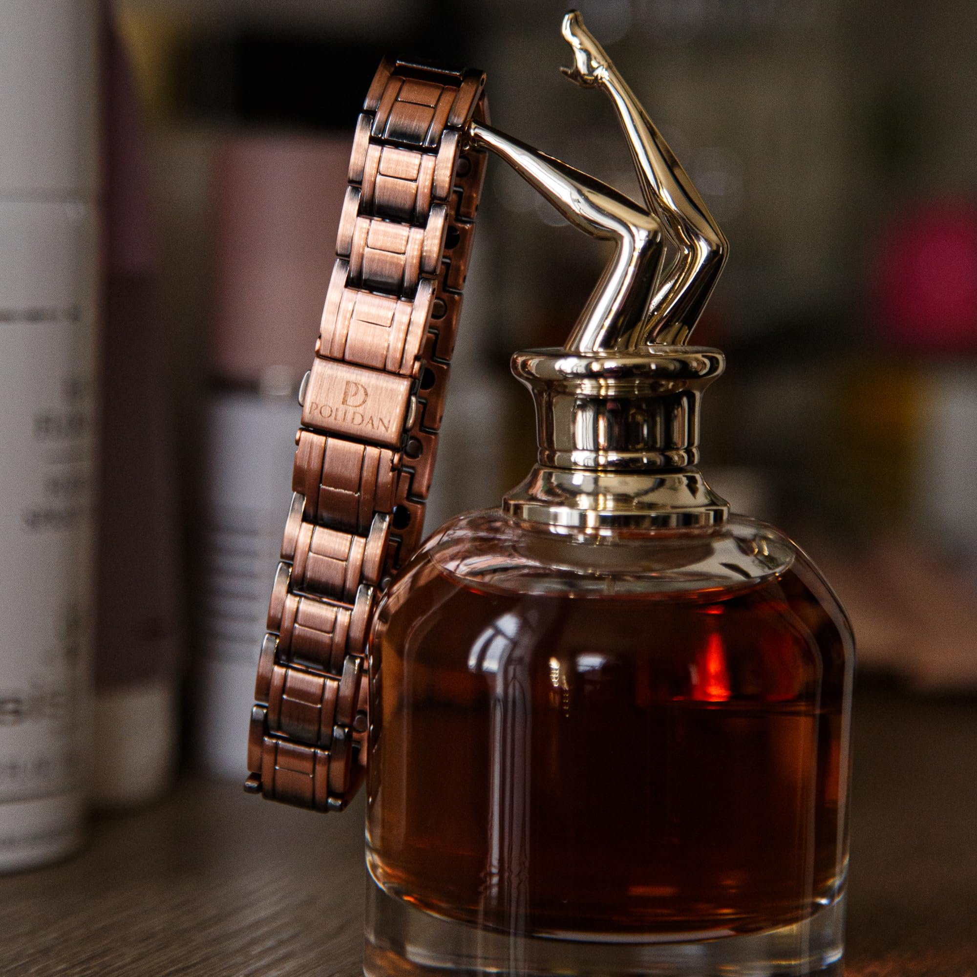 Polldan copper bracelet wear-with-ensemble showcases effortless integration into wardrobe.