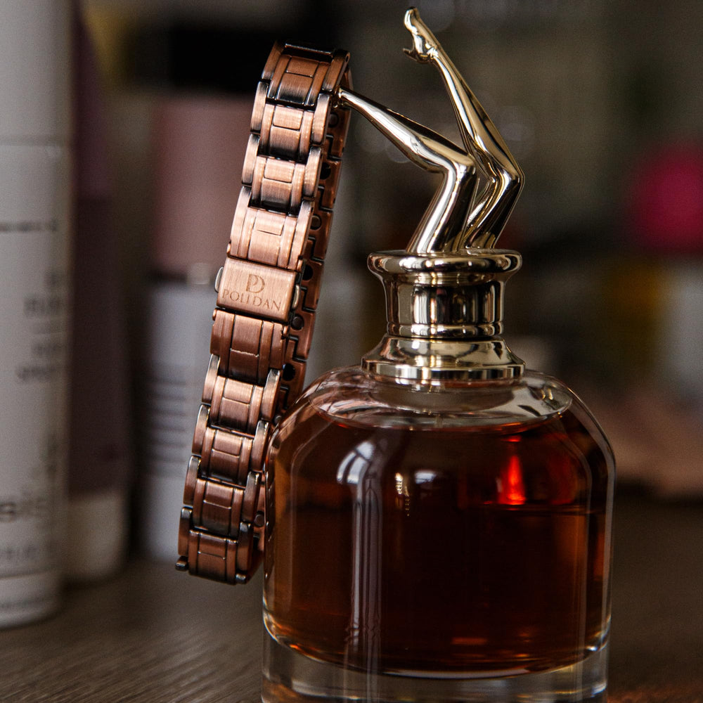 Polldan copper bracelet wear-with-ensemble showcases effortless integration into wardrobe.