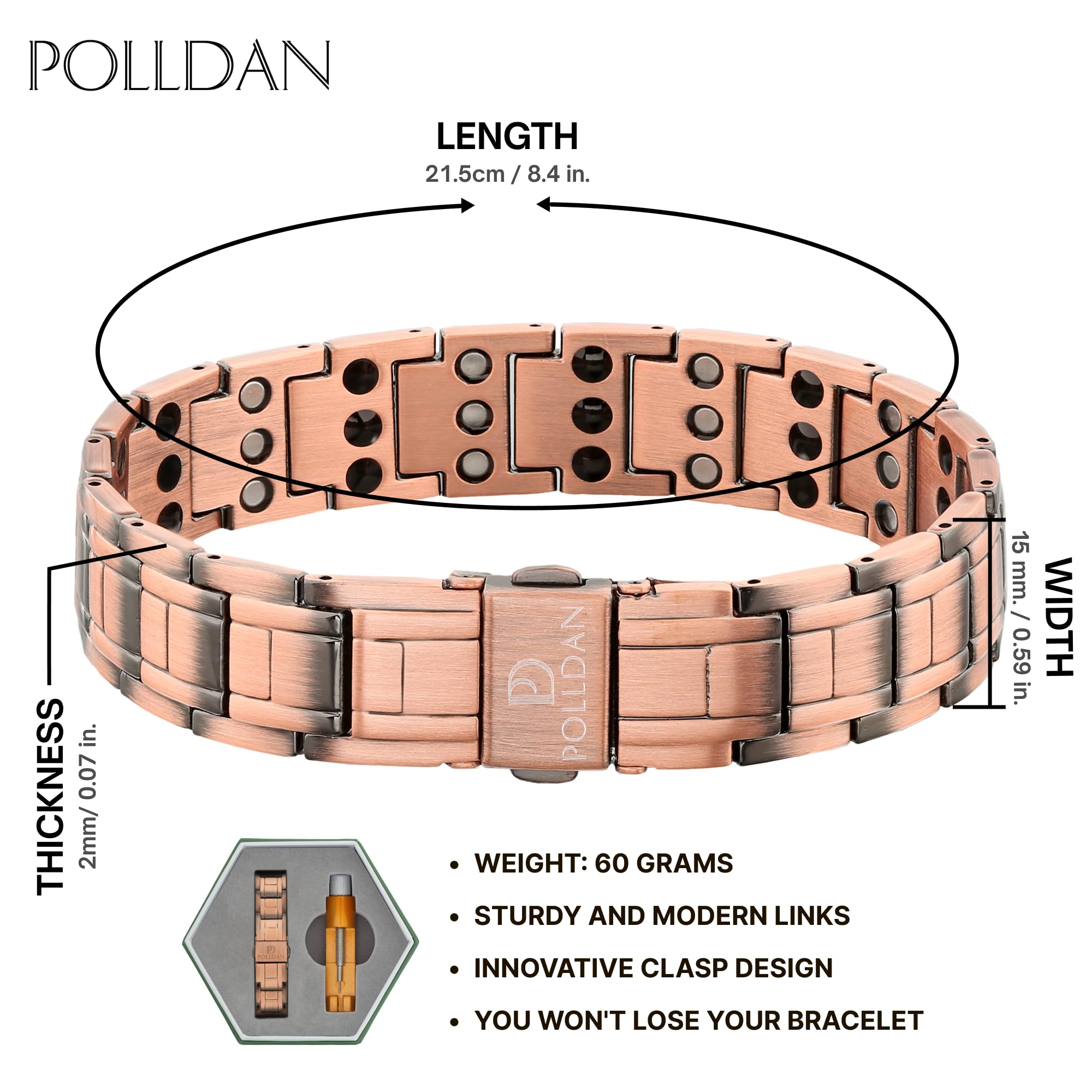 Polldan copper bracelet hypoallergenic-finish highlights skin-friendly copper for sensitive wearers.