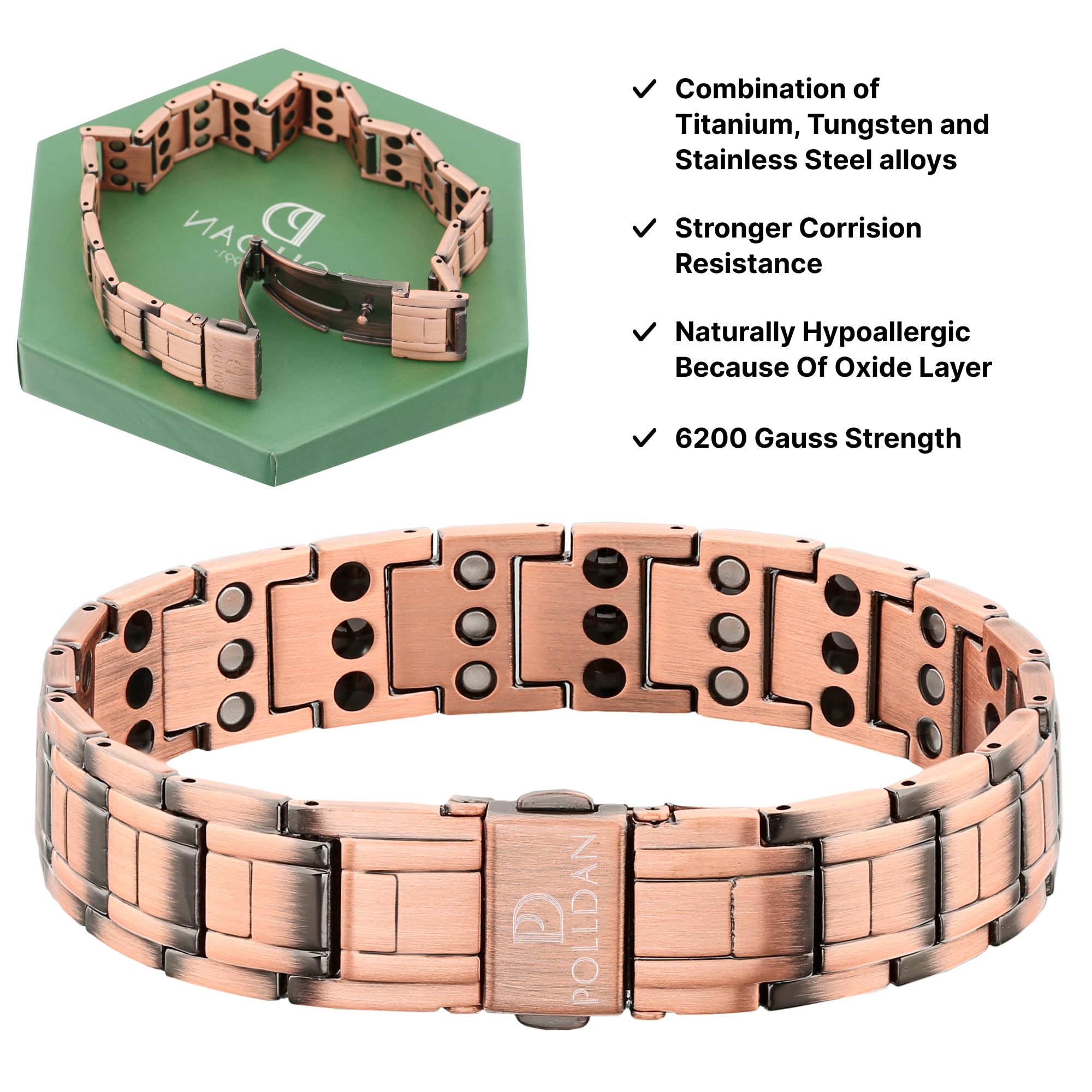 Polldan copper bracelet magnets 3x power visible in close shot.