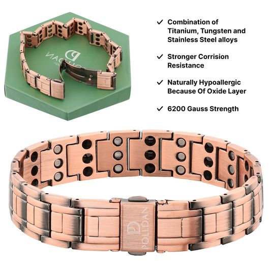 Polldan copper bracelet magnets 3x power visible in close shot.