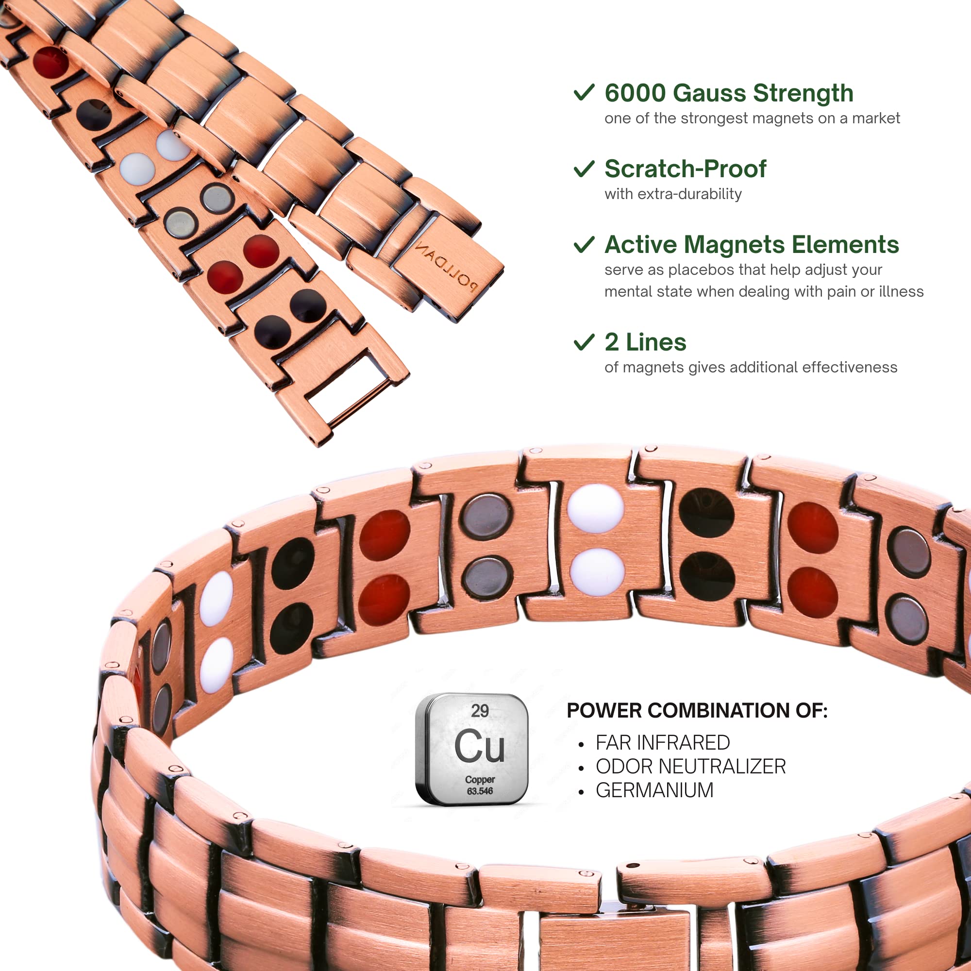 POLLDAN tarnish-resistant finish keeps the copper bracelet bright