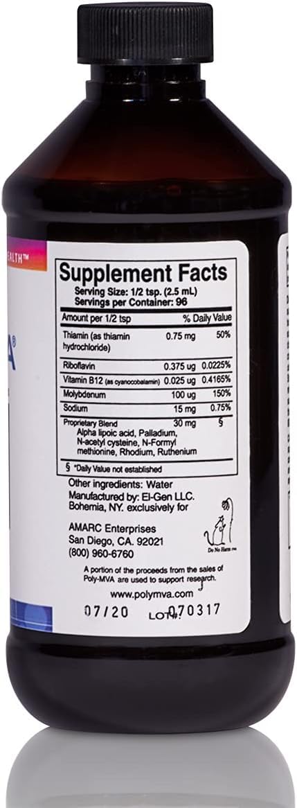 Poly-MVA 8oz label close-up highlighting palladium-bound alpha-lipoic acid and B vitamins.