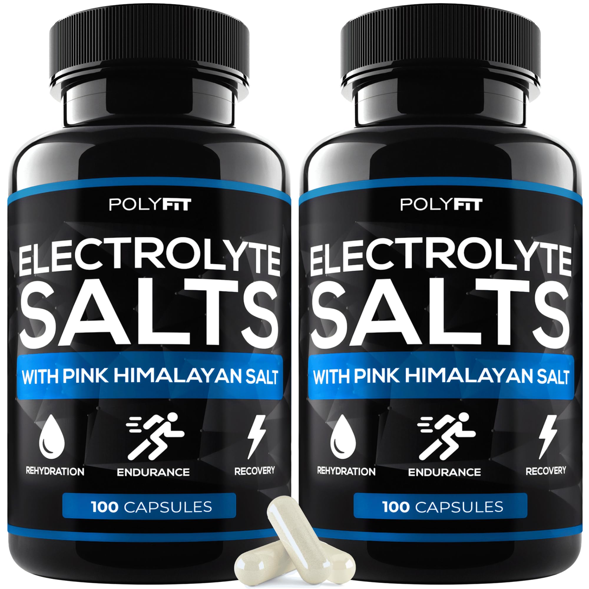 Polyfit Salt Pills 2-pack bottle pour demonstrates quick hydration support for runners