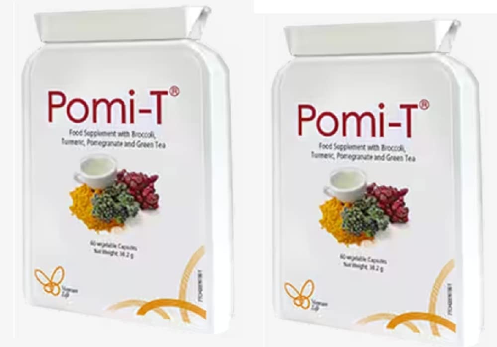 Pomi-T capsules bottle front, convenient daily supplement for a plant-based lifestyle.