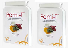Pomi-T capsules bottle front, convenient daily supplement for a plant-based lifestyle.