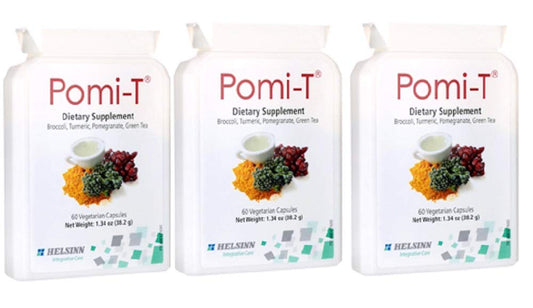 Pomi-T capsules in bottle, convenient daily polyphenol boost from natural ingredients.