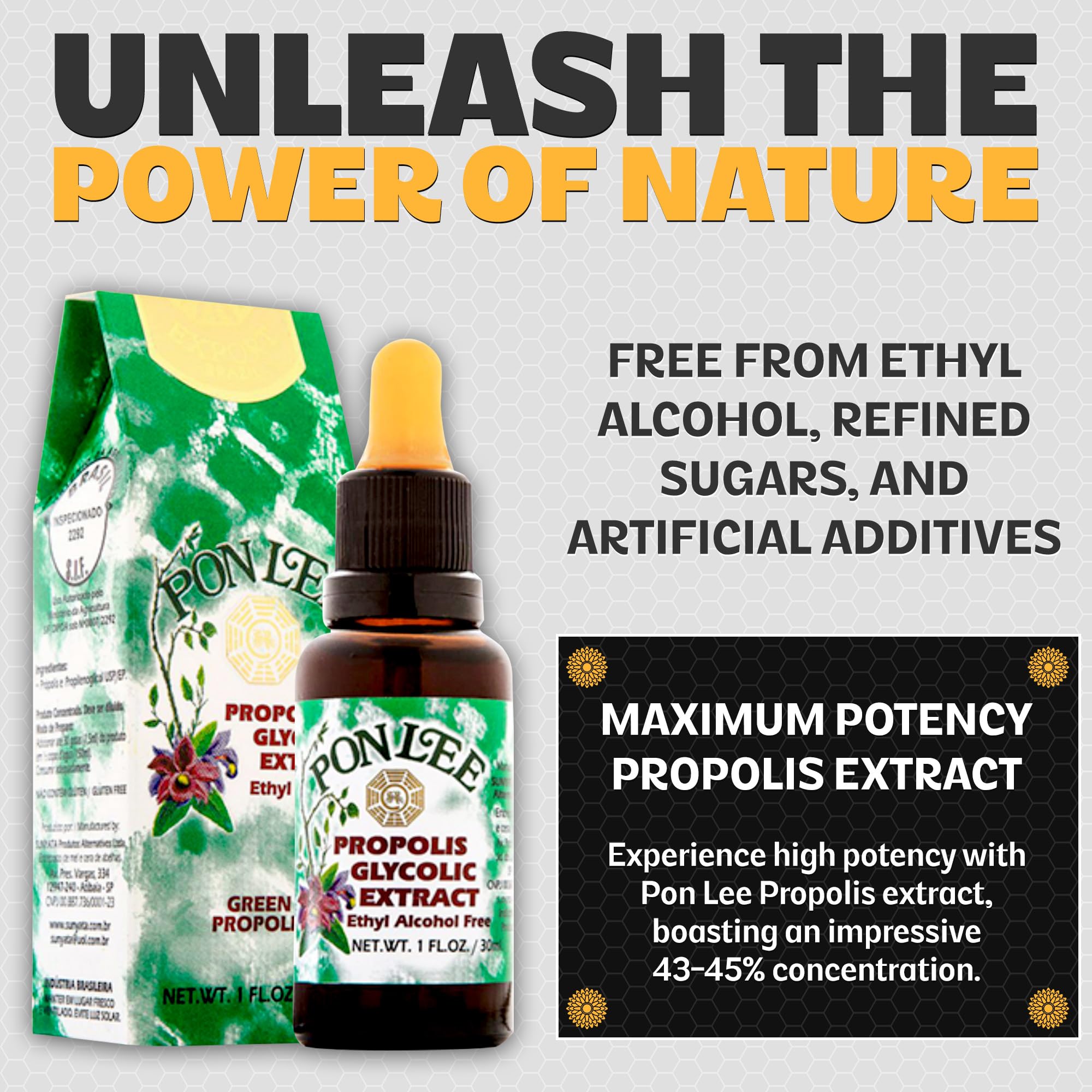 PONLEE propolis rich in flavonoids and Artepillin-C indicating antioxidant content.