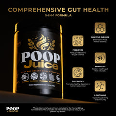 Poop Juice 5-in-1 bottle label shows sugar-free formula for gut health