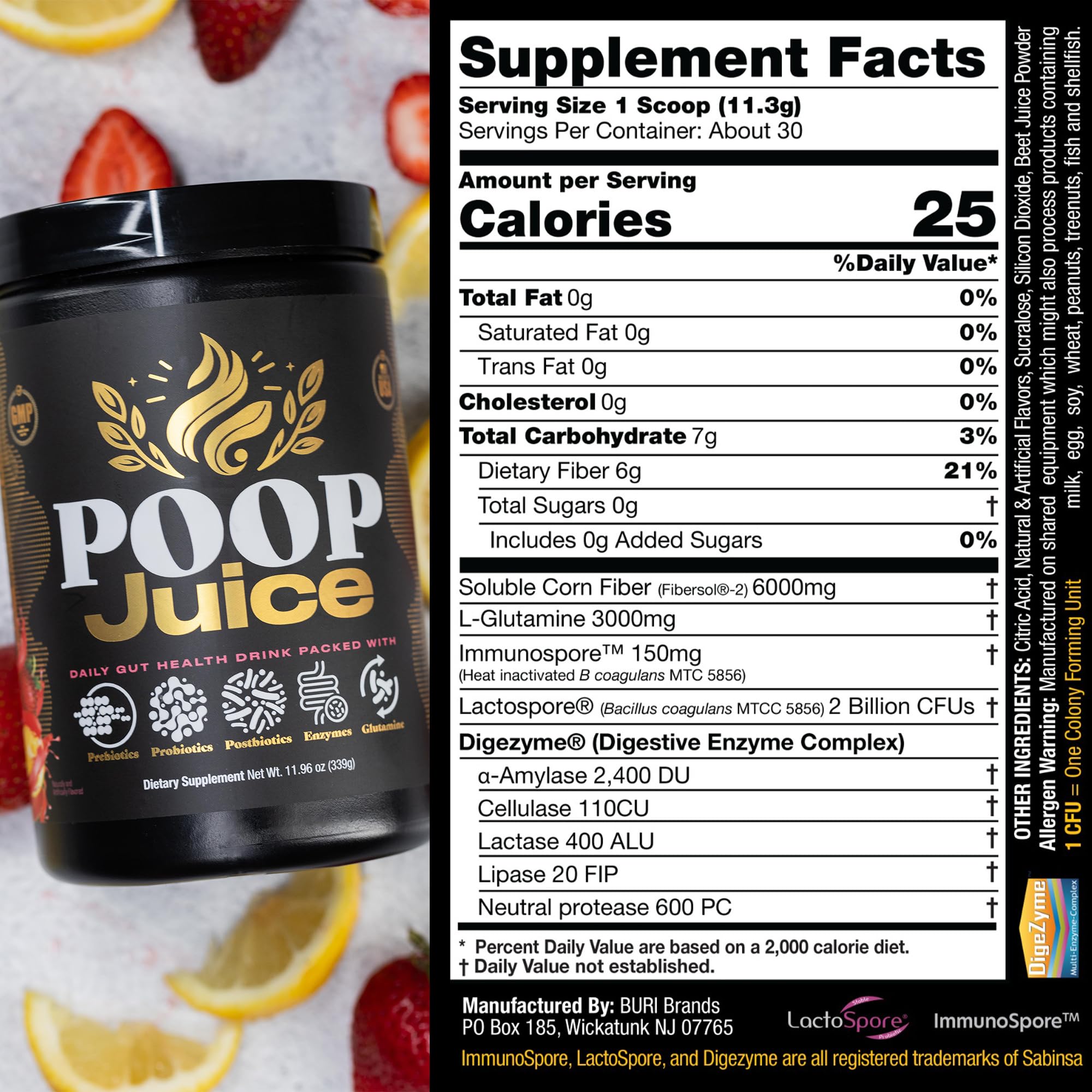 Poop Juice 5-in-1 daily fiber powder with scoop beside container