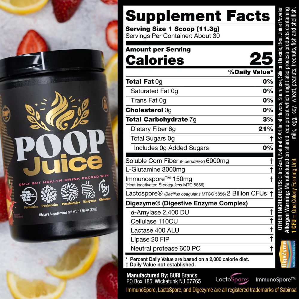 Poop Juice 5-in-1 daily fiber powder with scoop beside container