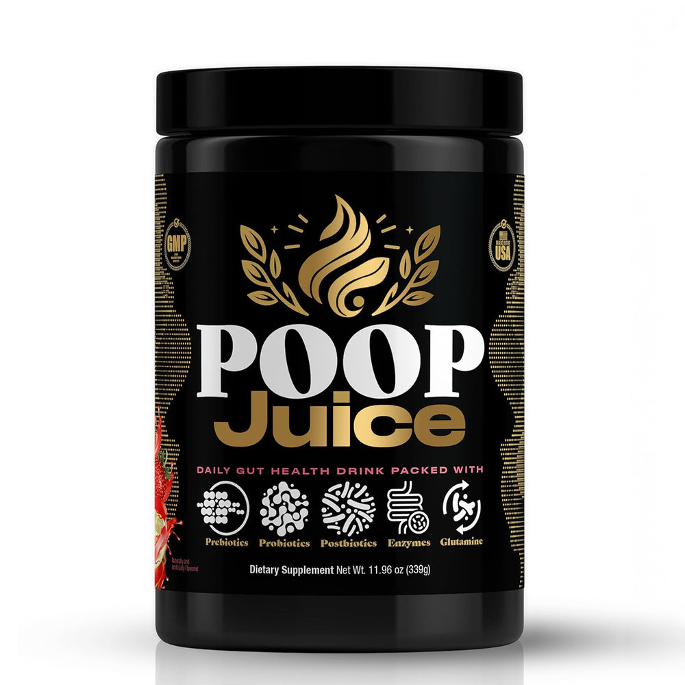 Poop Juice 5-in-1 powder being scooped for easy daily gut support