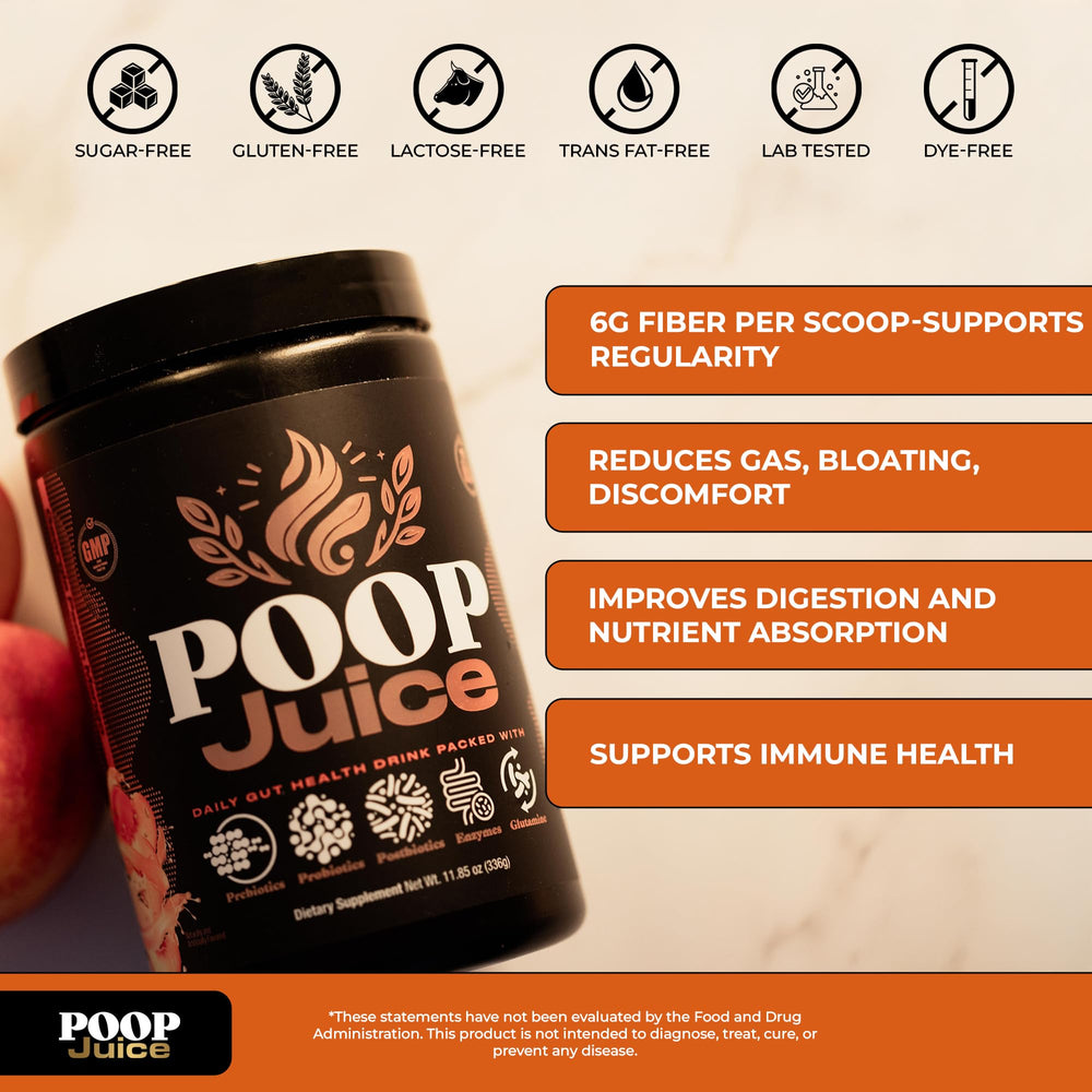 Poop Juice 5-in-1 powder being stirred in a glass for daily wellness