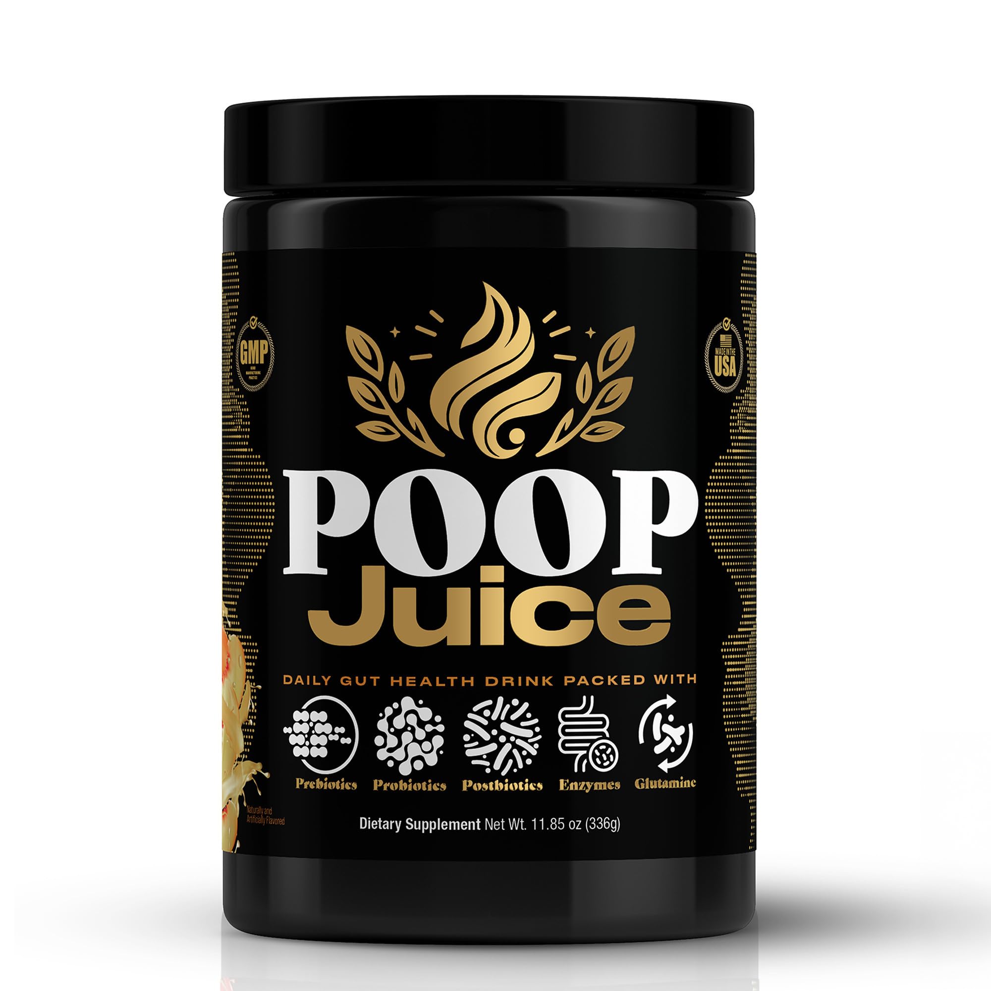 Poop Juice 5-in-1 daily fiber powder bottle highlighting convenient gut health support
