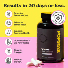 POPSTAR Labs Semen Volume Booster bottle back showing label and certifications.