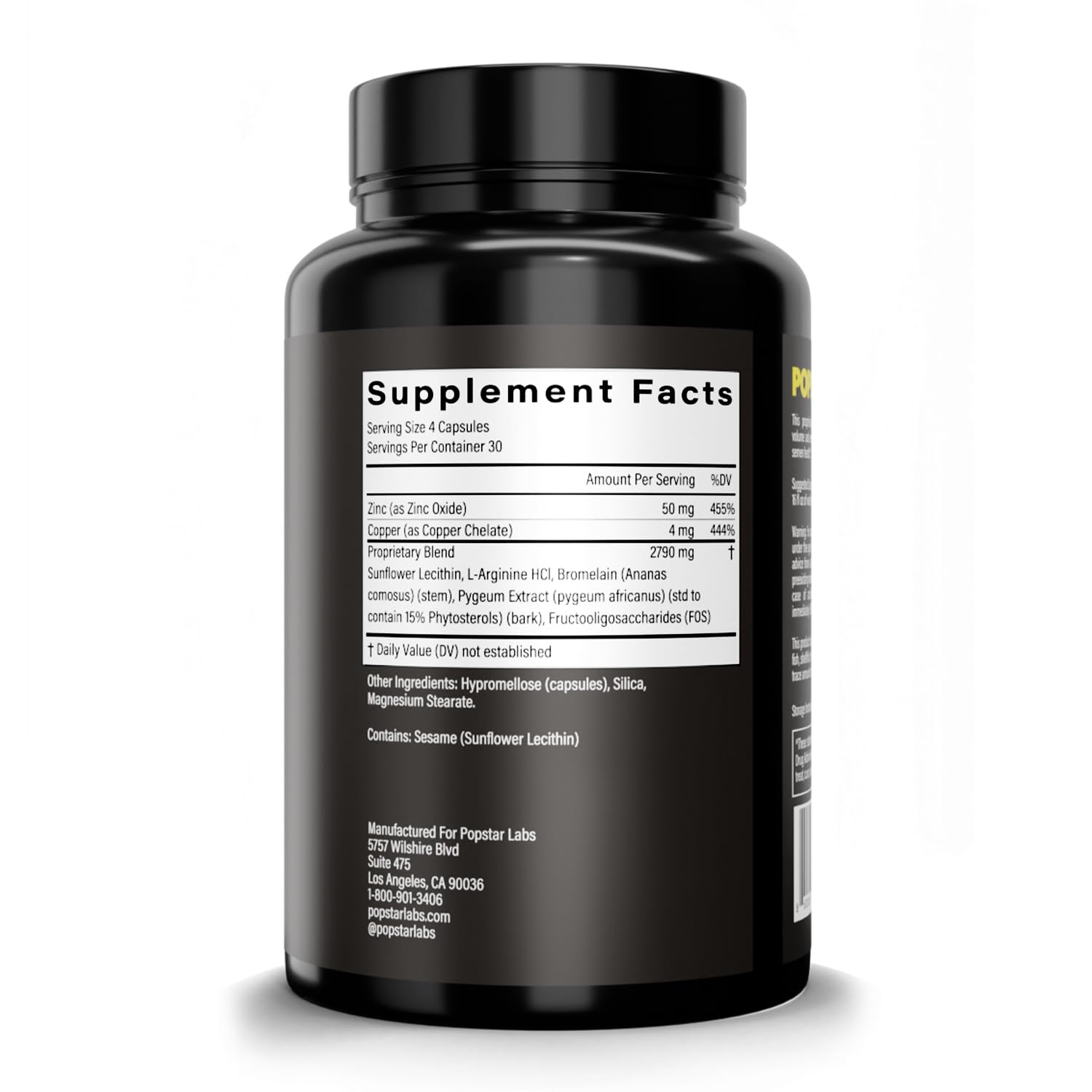 POPSTAR bottle with key ingredients like bromelain, zinc, and L-arginine.