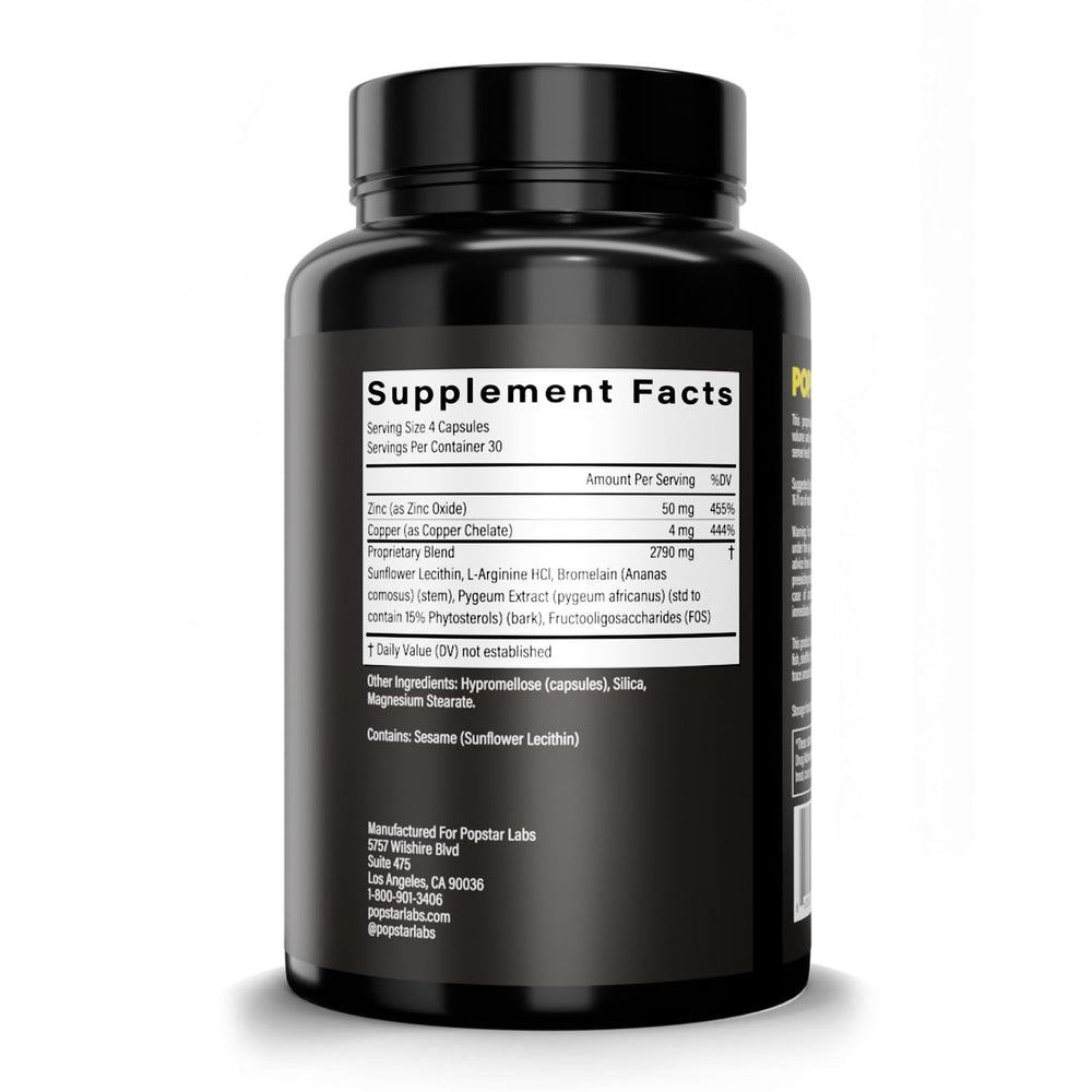 POPSTAR bottle with key ingredients like bromelain, zinc, and L-arginine.