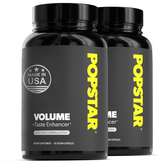 POPSTAR Semen Volume Booster bottle close-up showing vegan capsules for daily support