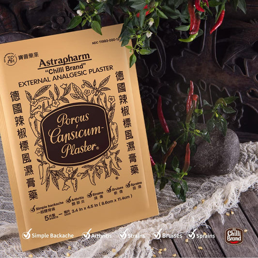 POROUS-CAPSICUM-PLASTER sheet detail highlights the 3.4 by 4.5 inch patch
