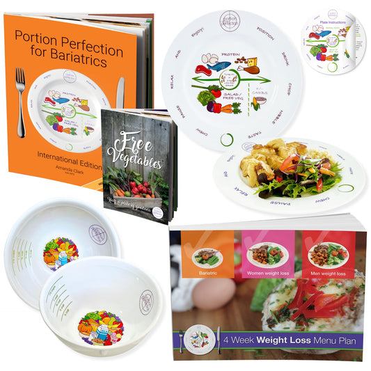 Portion Perfection Bariatric kit with plate and bowl set for precise post-op portion control.