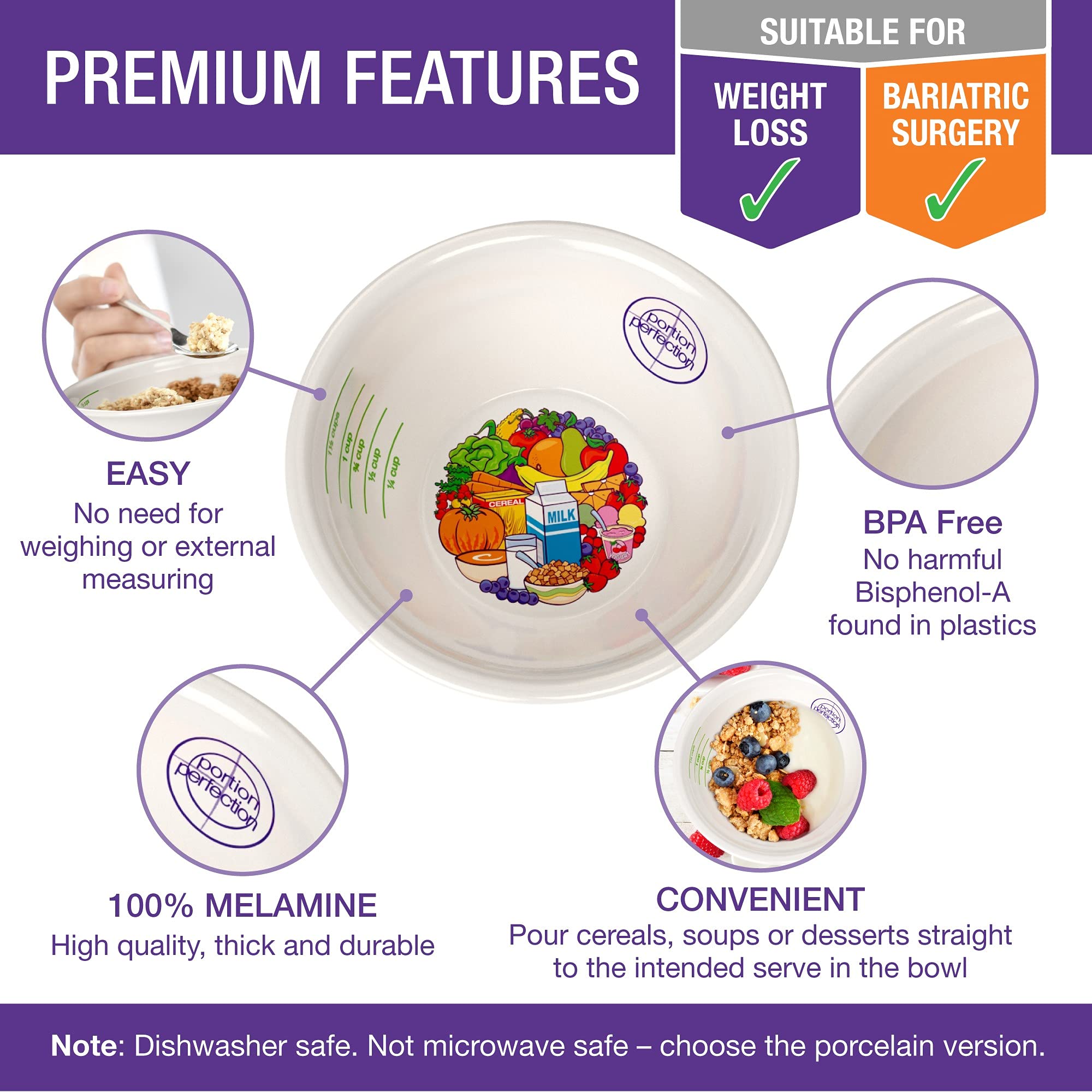 Portion Perfection bariatric bowls with built-in measurement cues for portion accuracy.