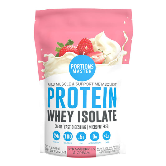 Portions Master CFM whey isolate powder pour for clean, fast-absorbing post-workout fuel.