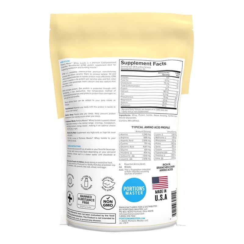 Portions Master CFM Whey Isolate Vanilla powder scoop for fast-absorbing protein in shakes.