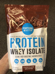 Portions Master Whey Isolate powder texture close-up shows fine solubility.