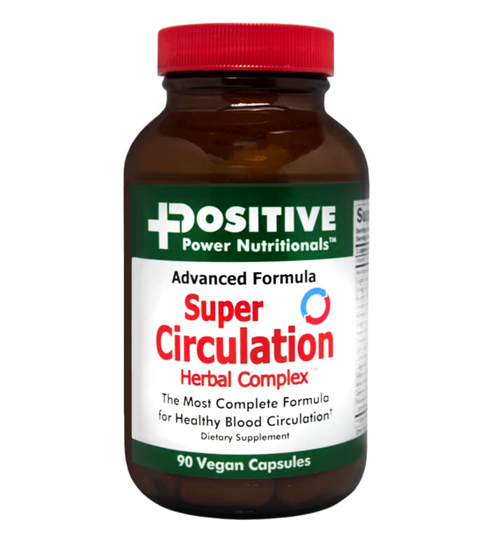 Positive Power Nutritionals Super Circulation bottle pour highlights niacin-rich formula for healthy microcirculation.