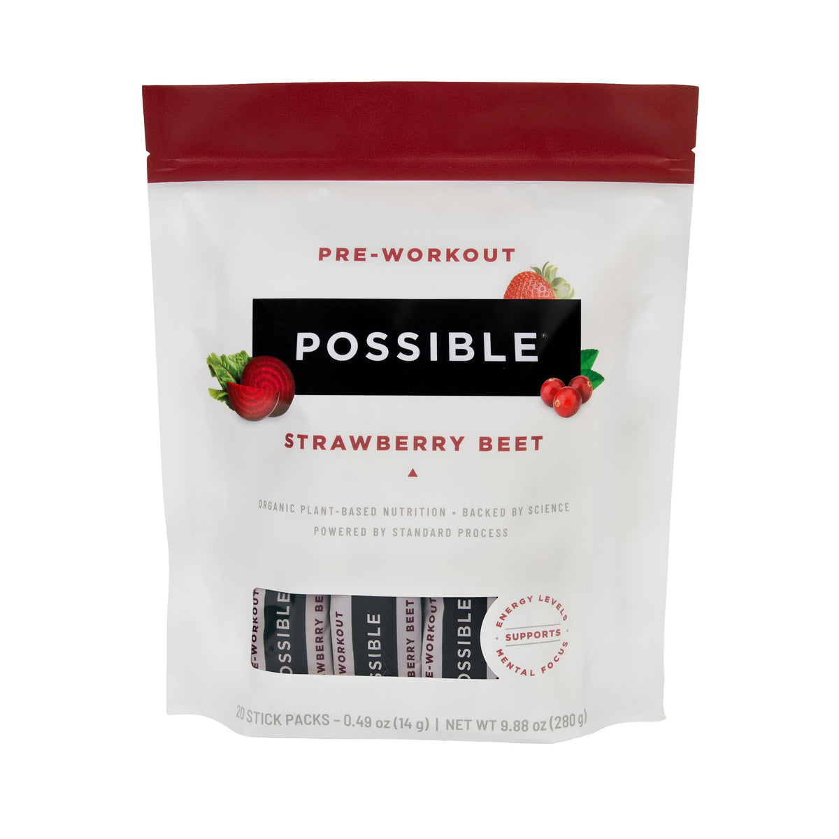 Possible Pre-Workout Powder Strawberry Beet label shows organic vegan energy