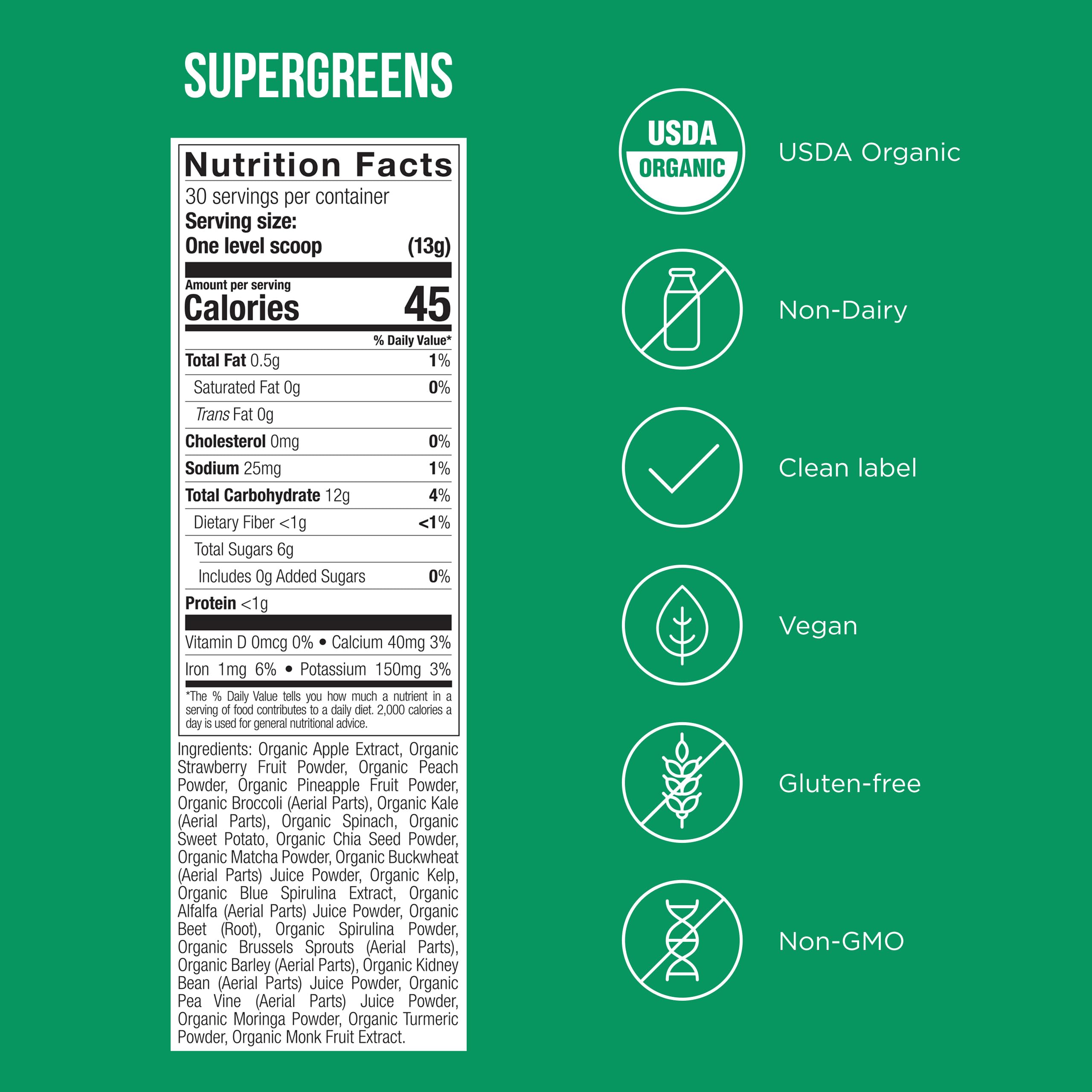 Possible SuperGreens tub highlighting broccoli and kale for nutrient-dense greens.
