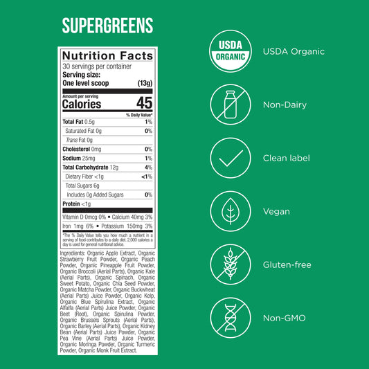 Possible SuperGreens tub highlighting broccoli and kale for nutrient-dense greens.