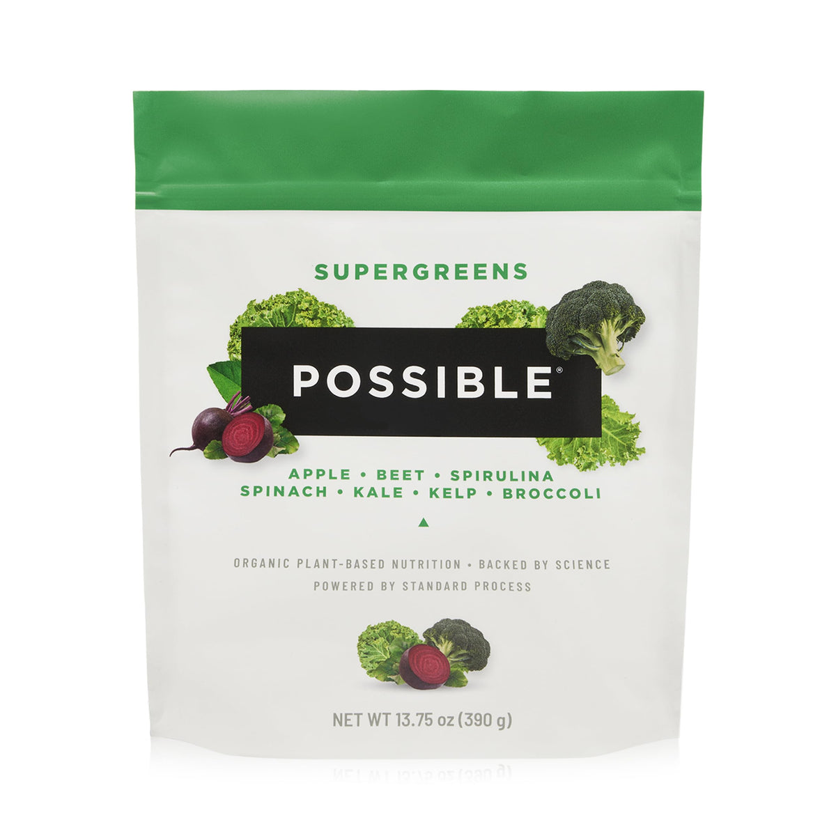 Possible SuperGreens bottle with spirulina and kale for daily antioxidant support.