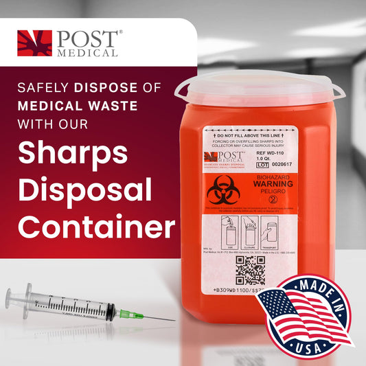 Post Medical 1-quart sharps container case-6 demonstrates vertical needle disposal.