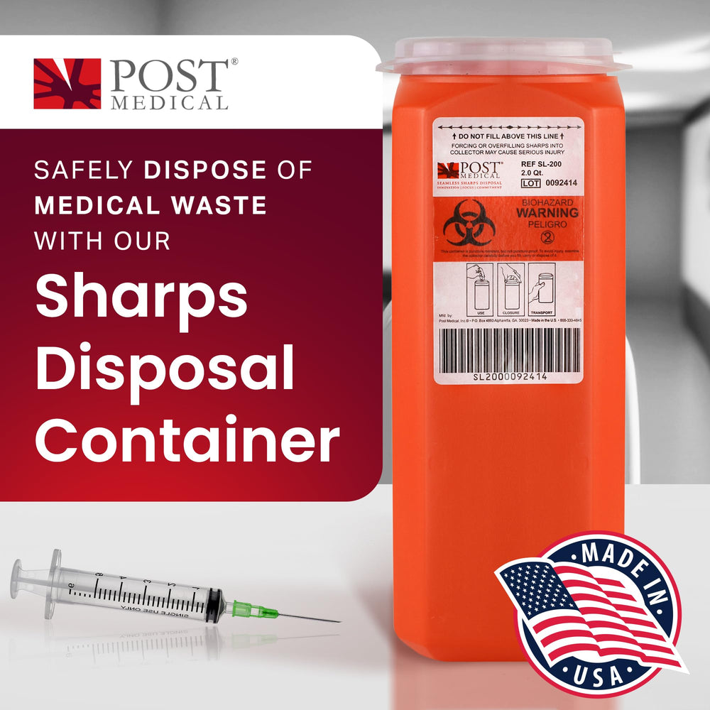 Post Medical 2.0 quart sharps container, front view, leak-tight containment for biohazard disposal