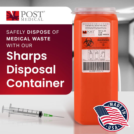 Post Medical 2.0 quart sharps container, front view, leak-tight containment for biohazard disposal
