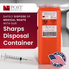 Post Medical 2.0 quart sharps container, front view, leak-tight containment for biohazard disposal