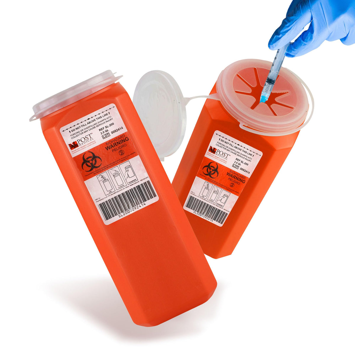 Post Medical 2.0 quart sharps container, side view, puncture-resistant for safe handling