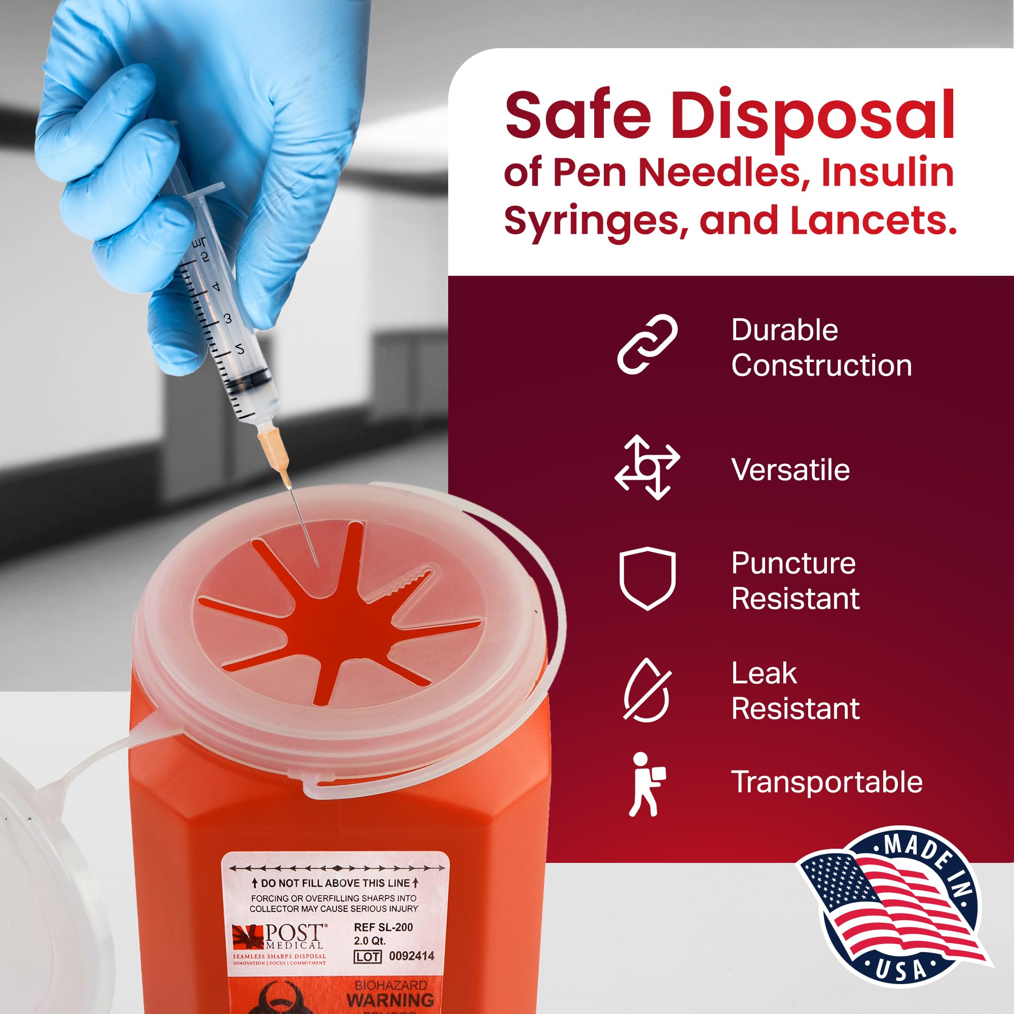 Post Medical 2.0 quart sharps container, vertical disposal setup showing ease of use