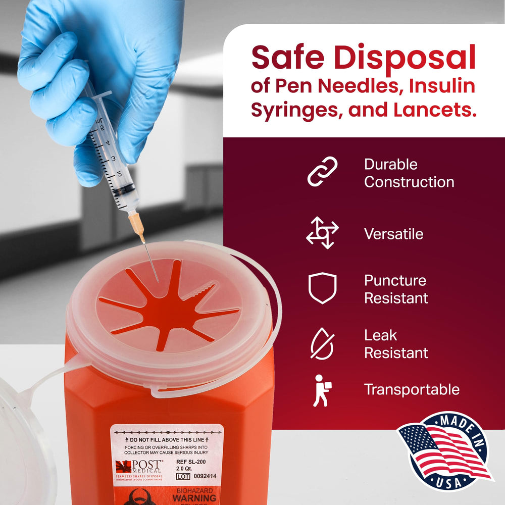 Post Medical 2.0 quart sharps container, vertical disposal setup showing ease of use