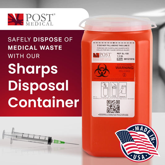 Post Medical case of 6 red sharps containers for ready replenishment in clinics