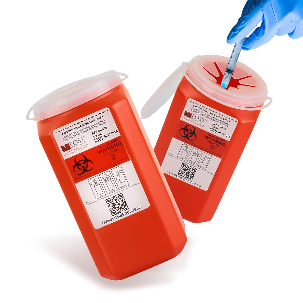 Post Medical 1.5 qt red sharps container with secure closure for safe needle disposal