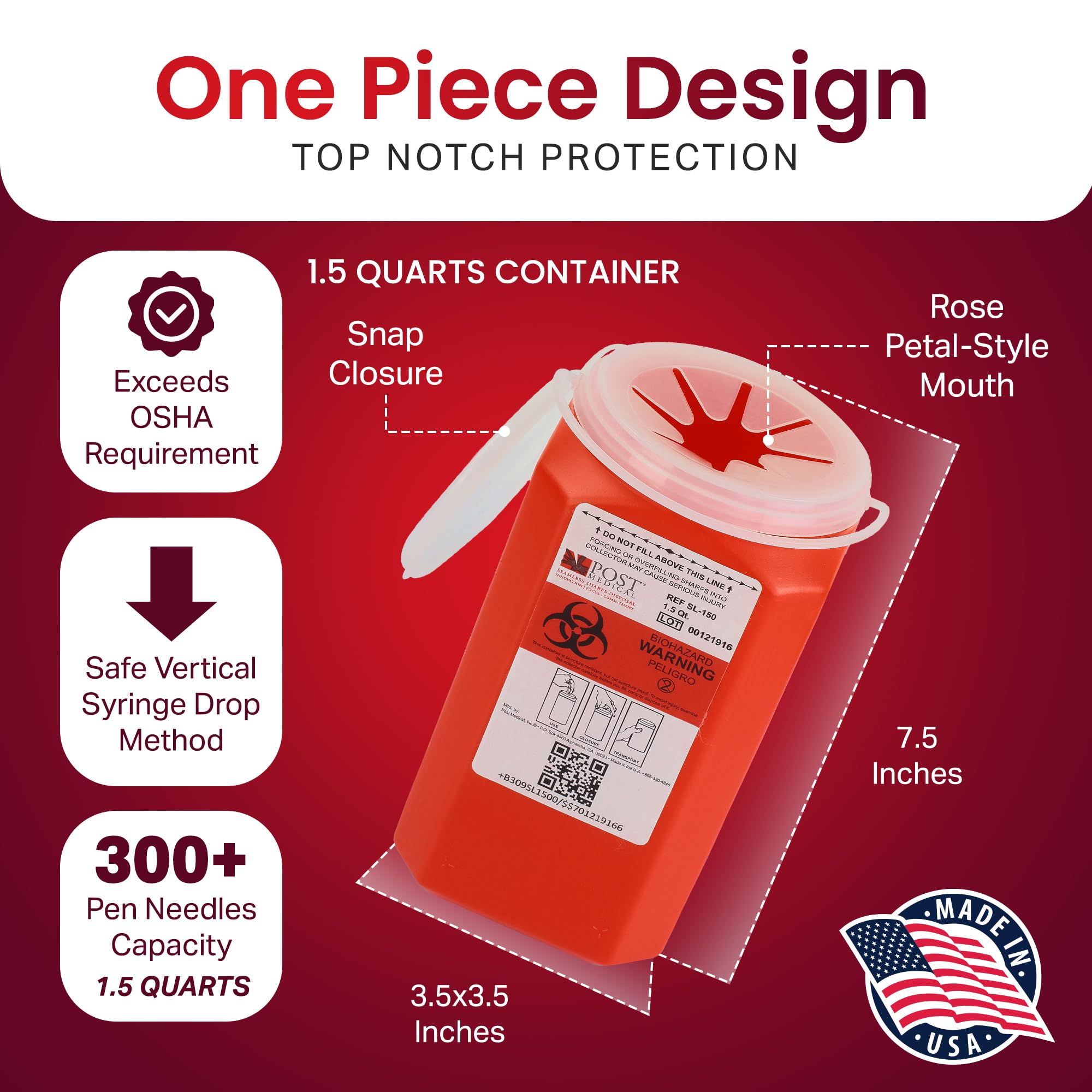 Post Medical sharps container with snap-tight lid keeps contents contained and tidy
