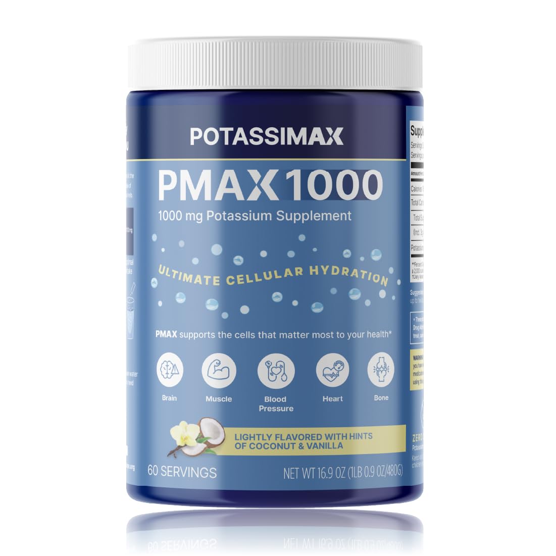 Potassimax PMAX1000 bottle pour illustrates easy daily electrolyte intake.