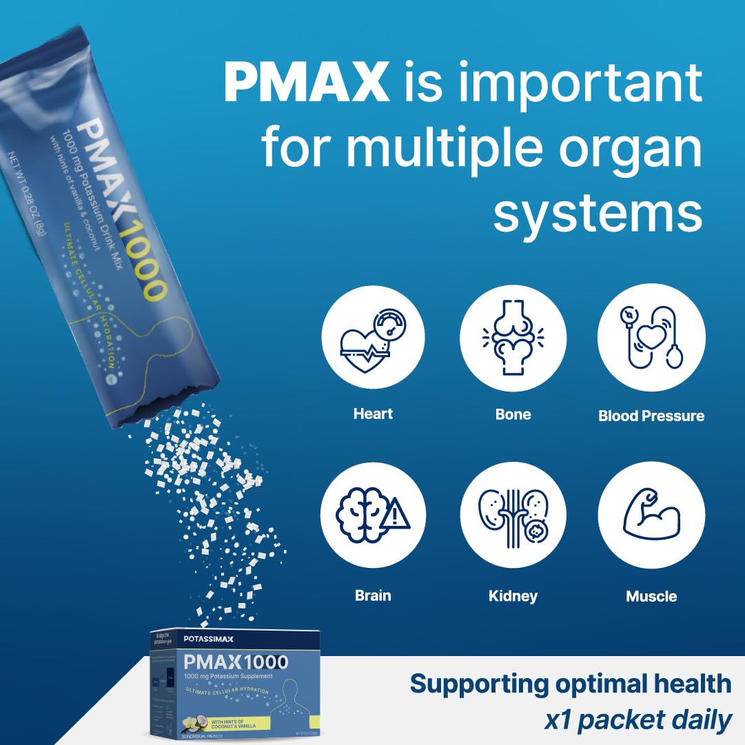PotassiMax PMAX1000 daily packets for on-the-go electrolyte support at work.
