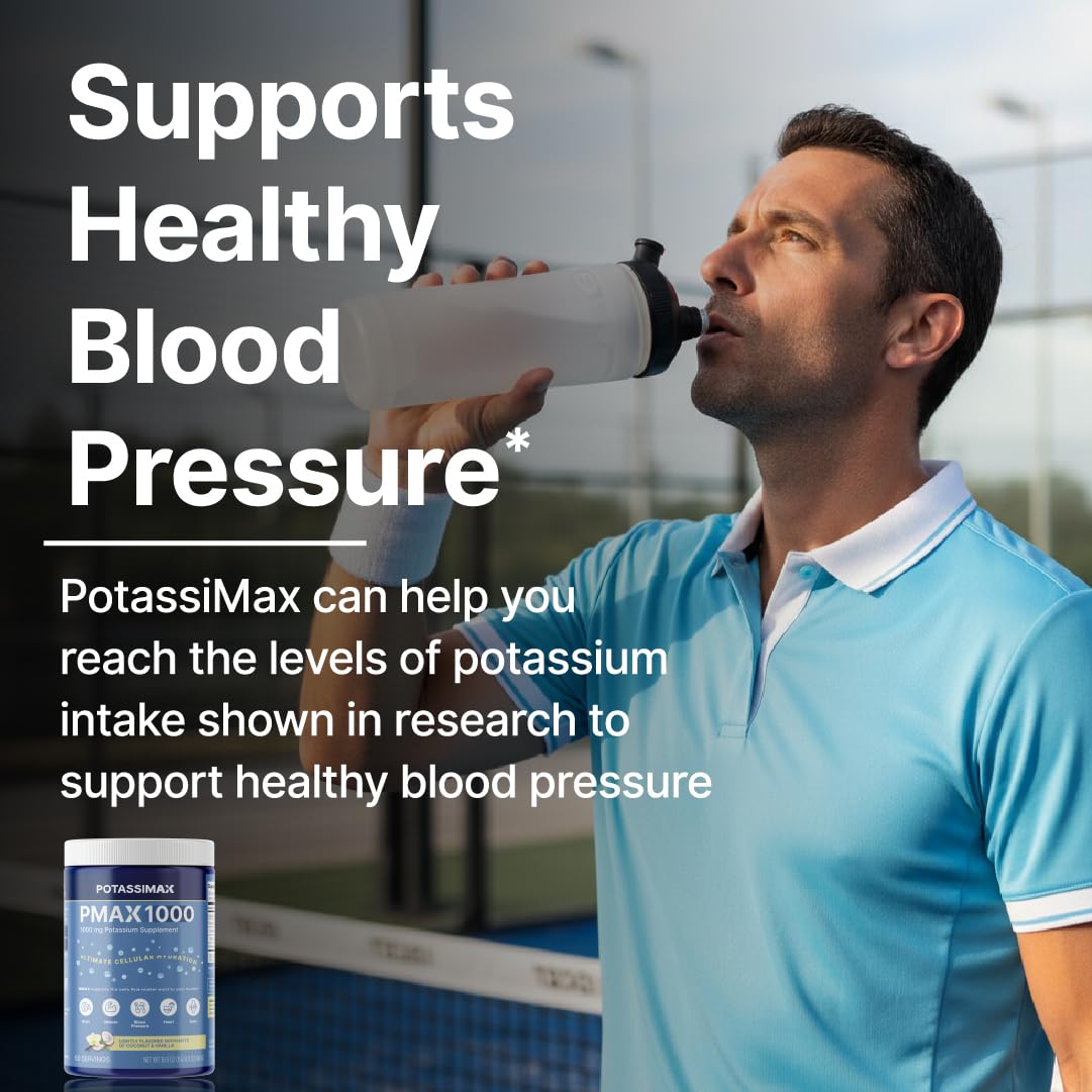 PMAX1000 tub label closeup emphasizes high-dose potassium for daily wellness.